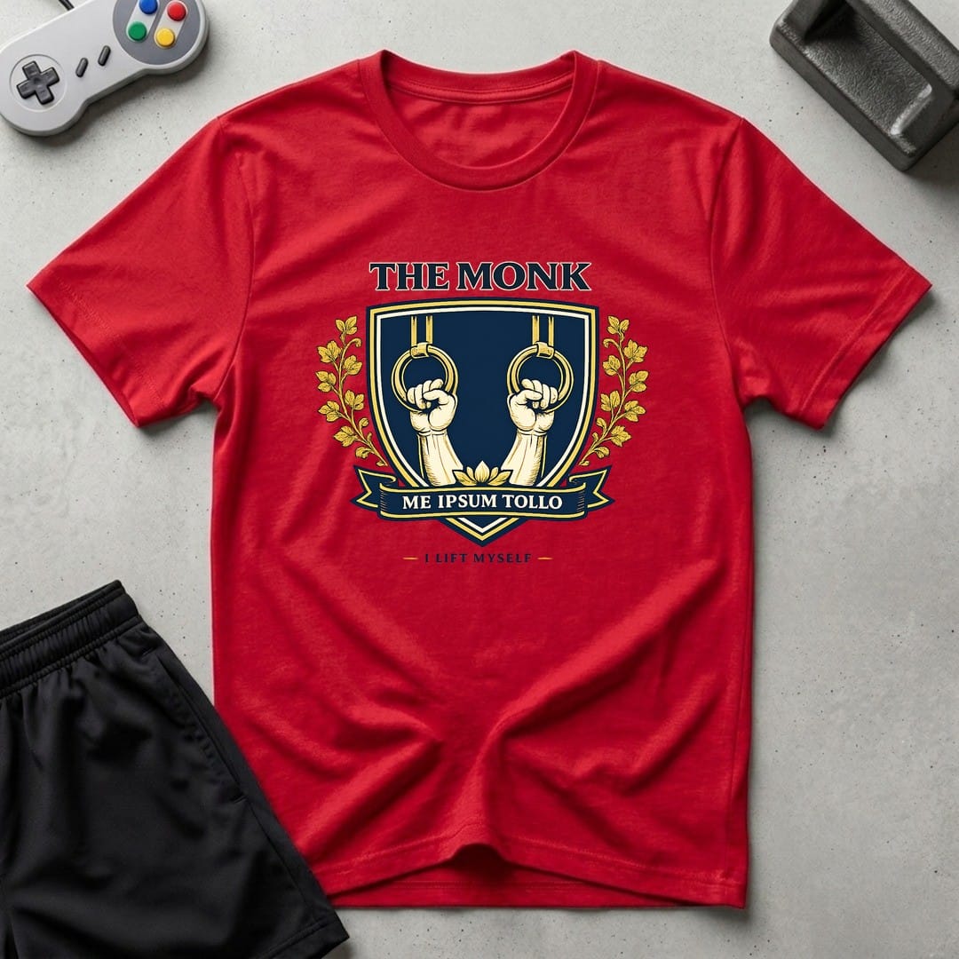 DreamMaker mockup — Monk Crest T-Shirt (red)