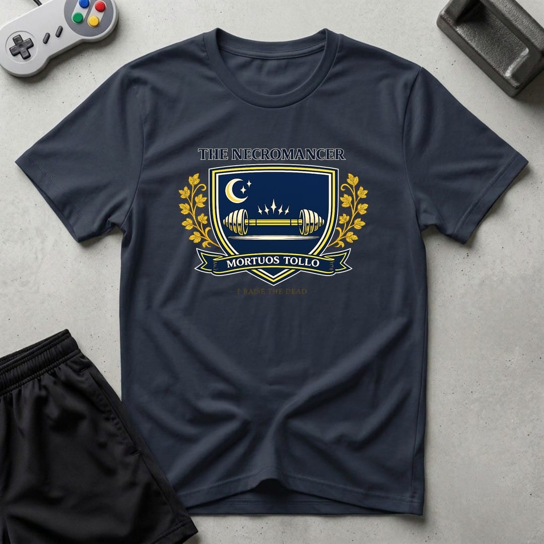DreamMaker mockup — Necromancer Crest T-Shirt (navy)