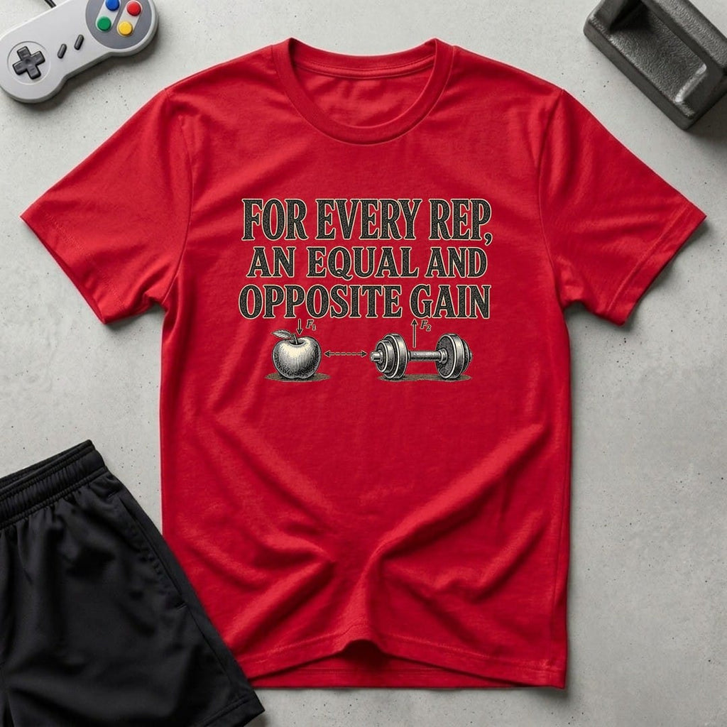 DreamMaker mockup — Newton's Gains T-Shirt (red)