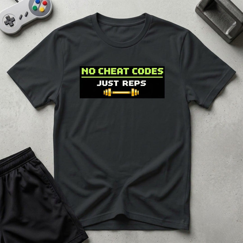 DreamMaker mockup — No Cheat Codes T-Shirt (black)