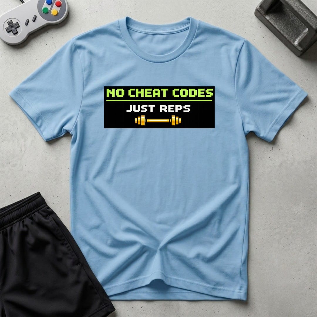 DreamMaker mockup — No Cheat Codes T-Shirt (light-blue)
