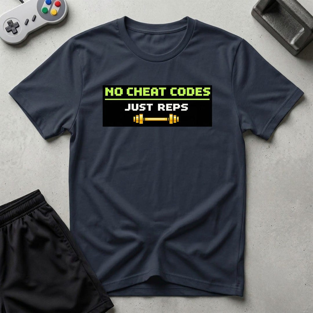 DreamMaker mockup — No Cheat Codes T-Shirt (navy)