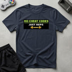 DreamMaker mockup — No Cheat Codes T-Shirt (navy)