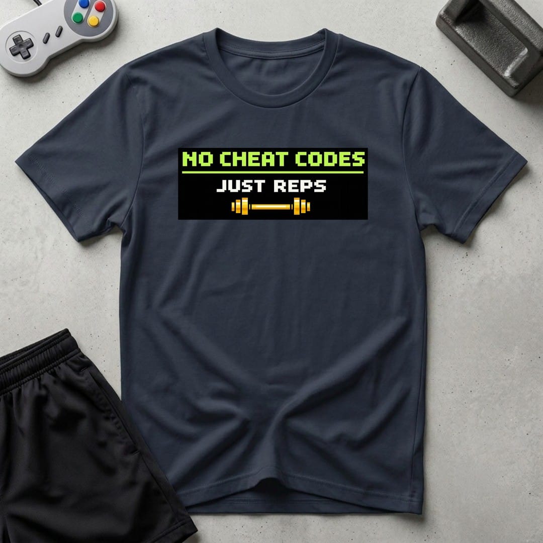 DreamMaker mockup — No Cheat Codes T-Shirt (navy)