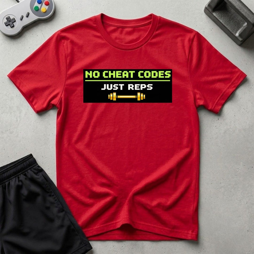 DreamMaker mockup — No Cheat Codes T-Shirt (red)