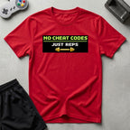DreamMaker mockup — No Cheat Codes T-Shirt (red)