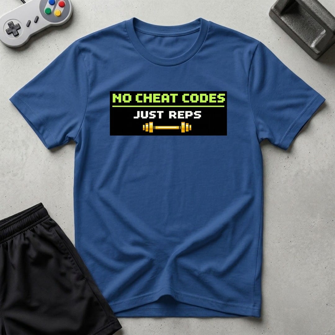 DreamMaker mockup — No Cheat Codes T-Shirt (royal)