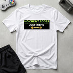 DreamMaker mockup — No Cheat Codes T-Shirt (white)