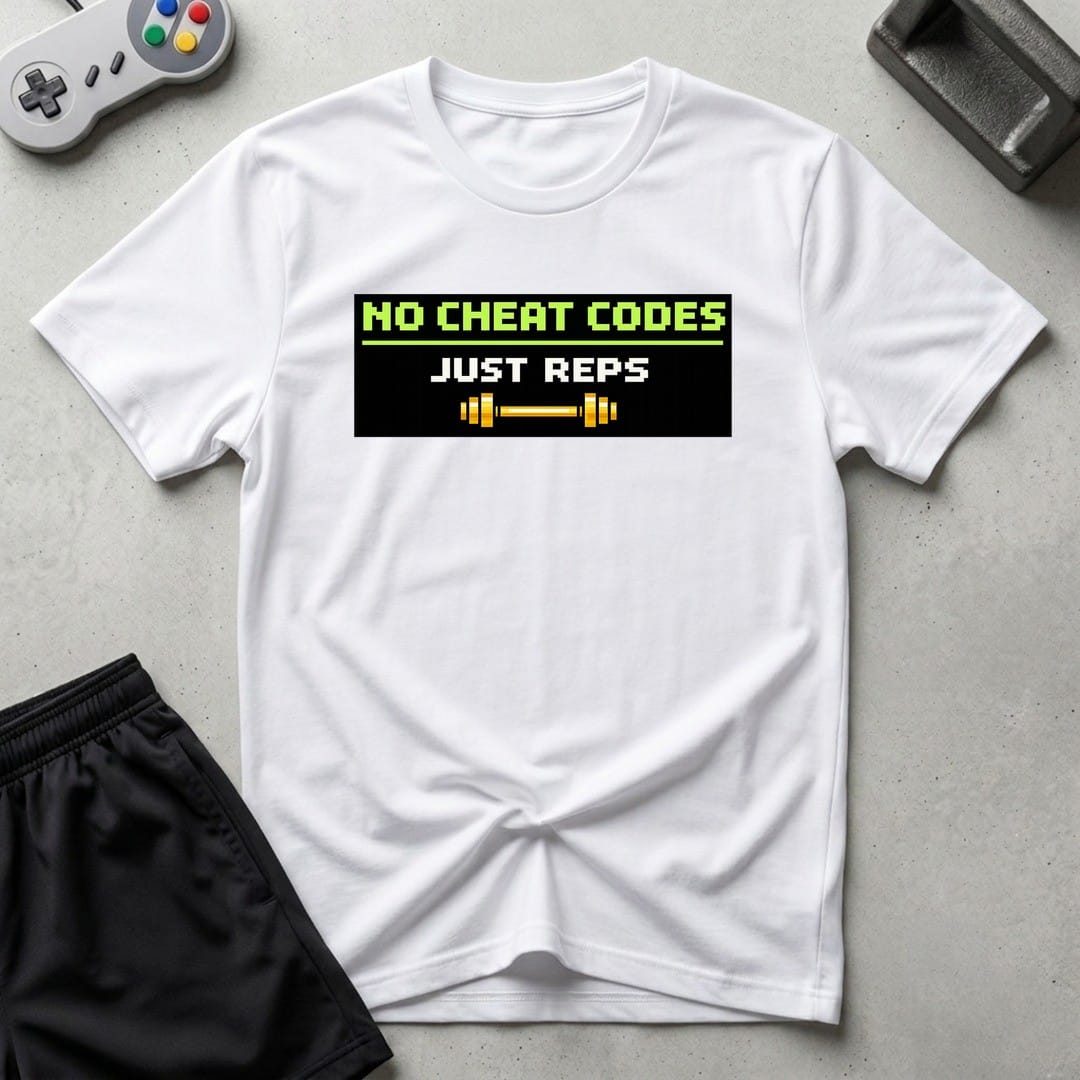DreamMaker mockup — No Cheat Codes T-Shirt (white)