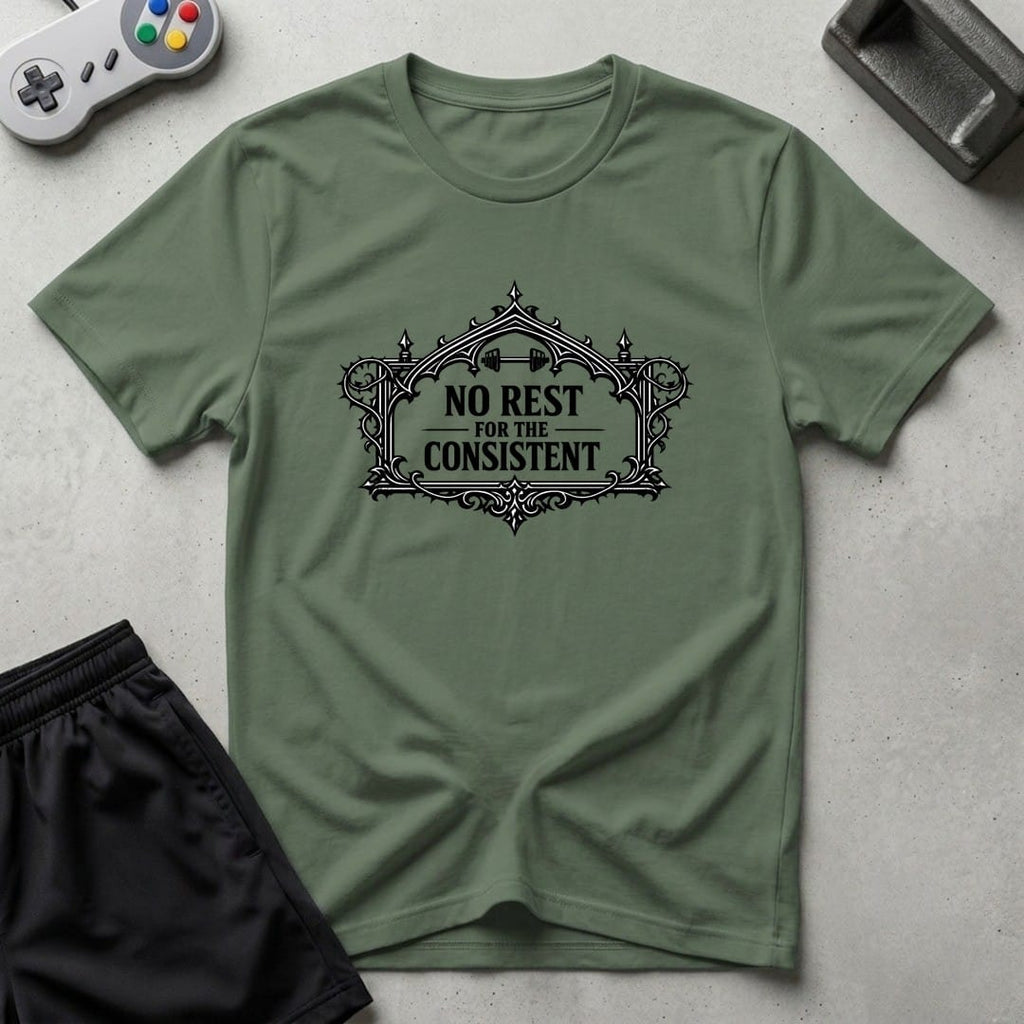 DreamMaker mockup — No Rest T-Shirt (military-green)