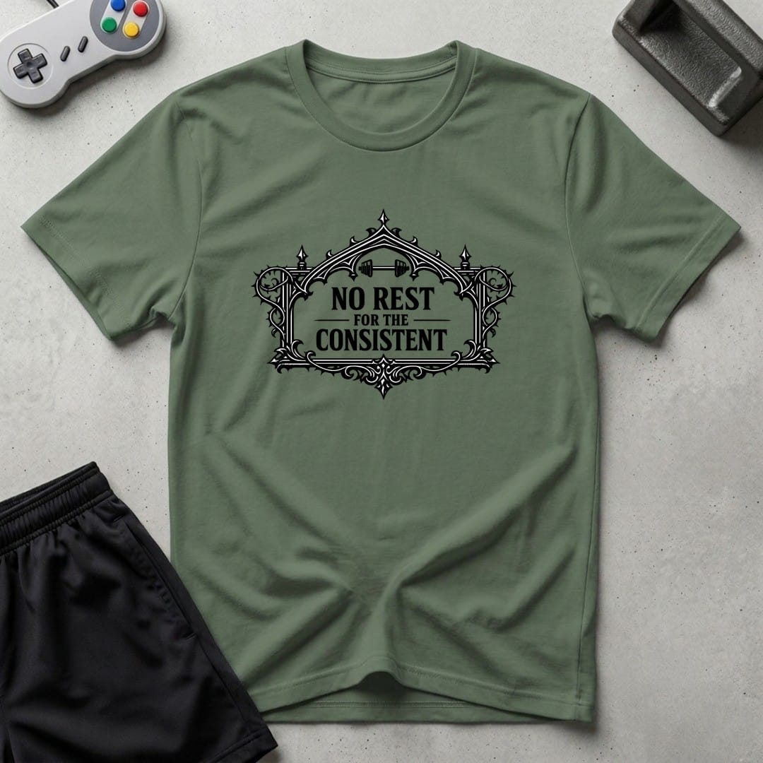 DreamMaker mockup — No Rest T-Shirt (military-green)