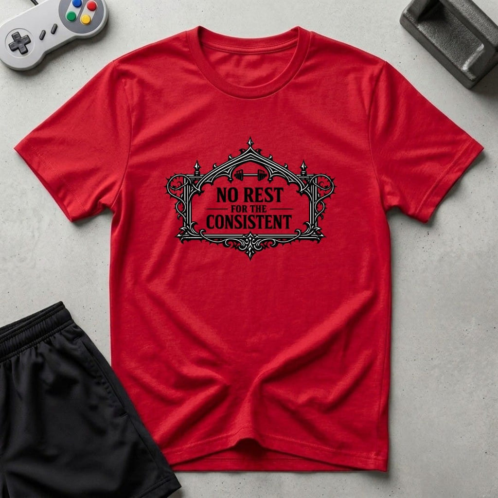 DreamMaker mockup — No Rest T-Shirt (red)