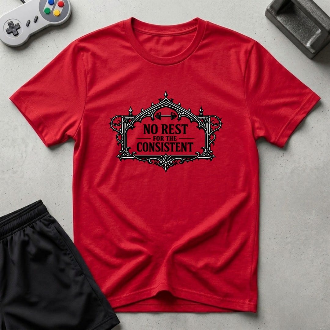 DreamMaker mockup — No Rest T-Shirt (red)