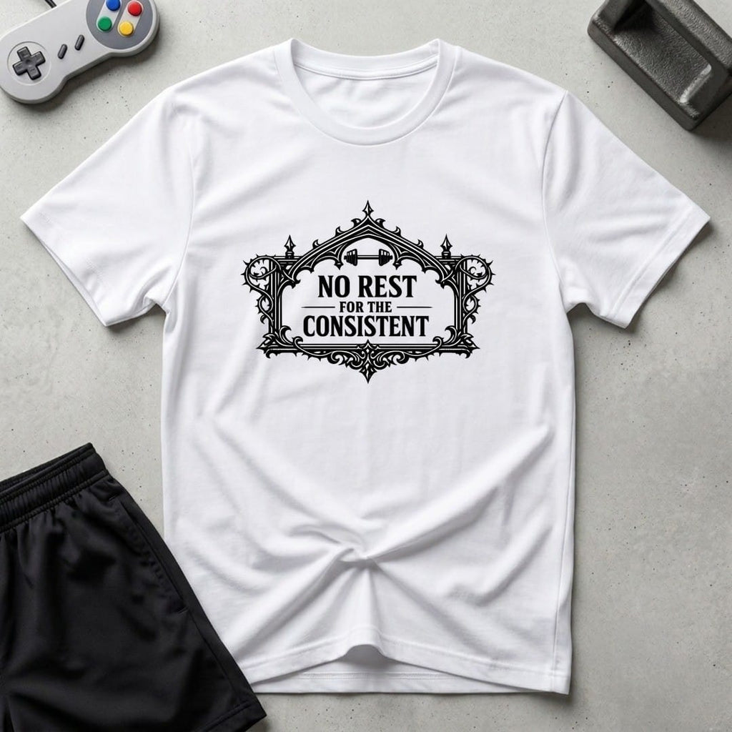 DreamMaker mockup — No Rest T-Shirt (white)