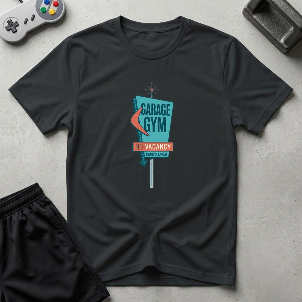 DreamMaker mockup — No Vacancy Gym T-Shirt (black)
