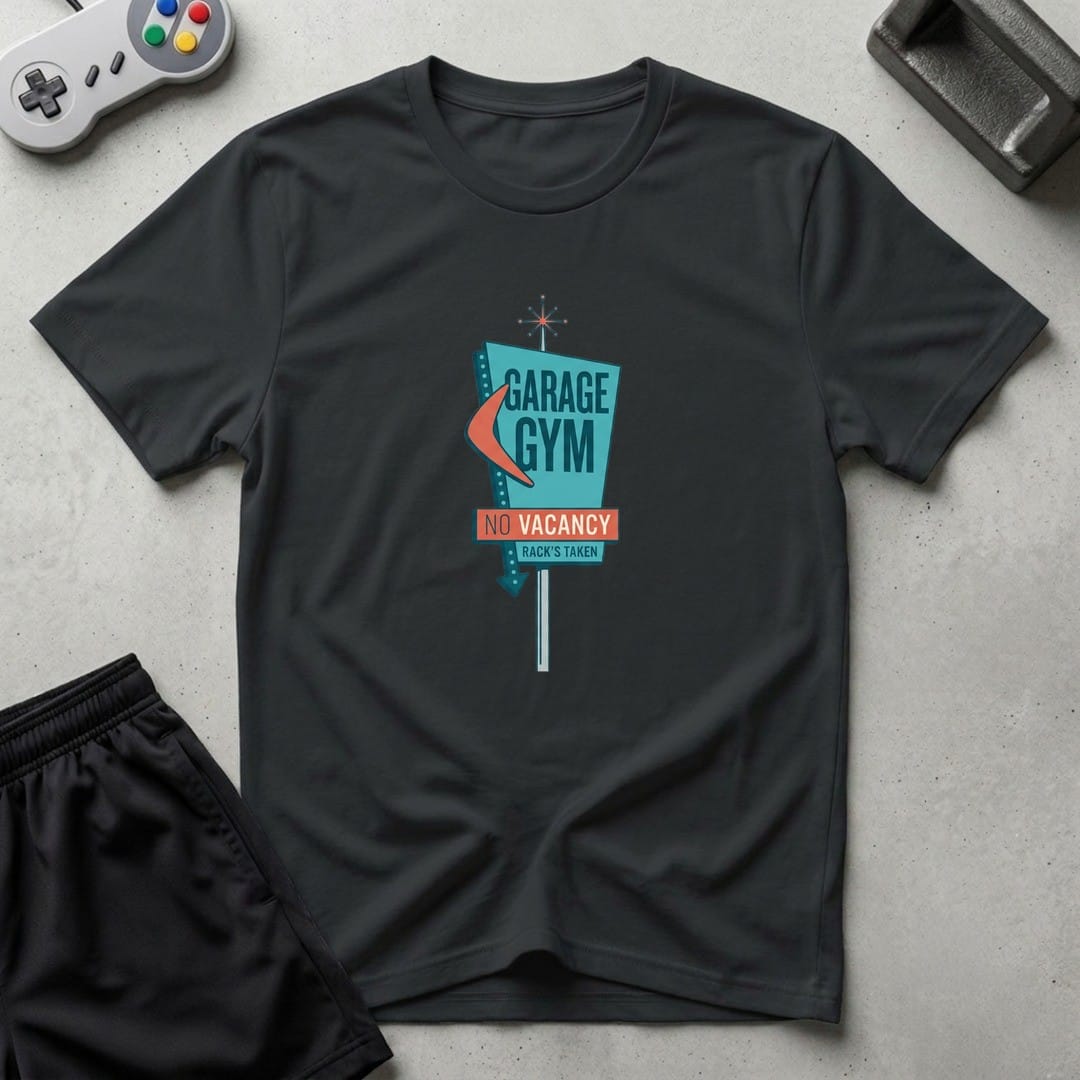 DreamMaker mockup — No Vacancy Gym T-Shirt (black)