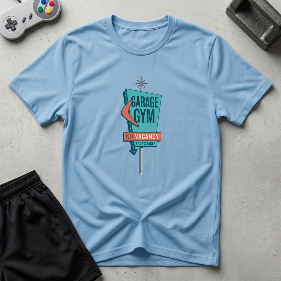 DreamMaker mockup — No Vacancy Gym T-Shirt (light-blue)