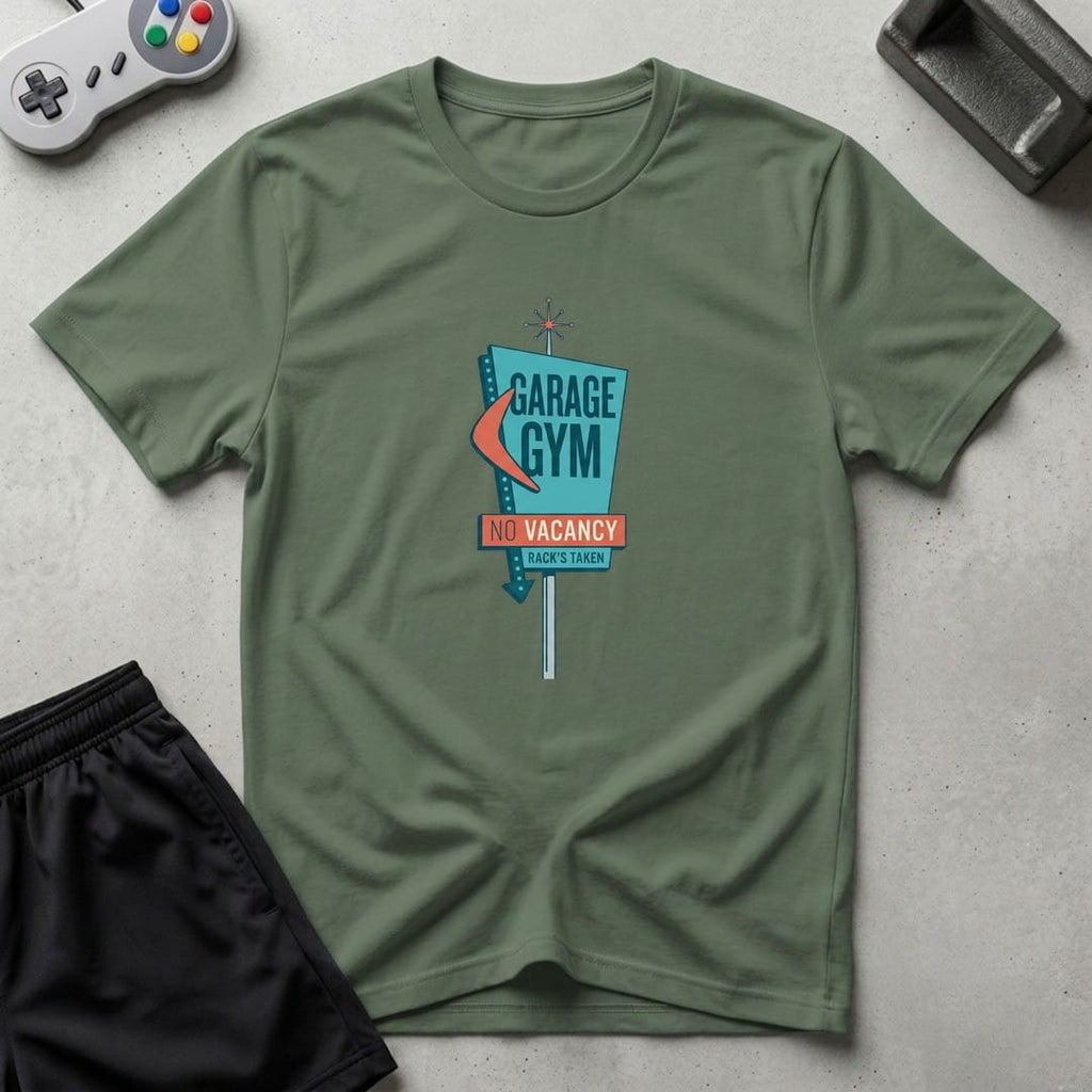 DreamMaker mockup — No Vacancy Gym T-Shirt (military-green)