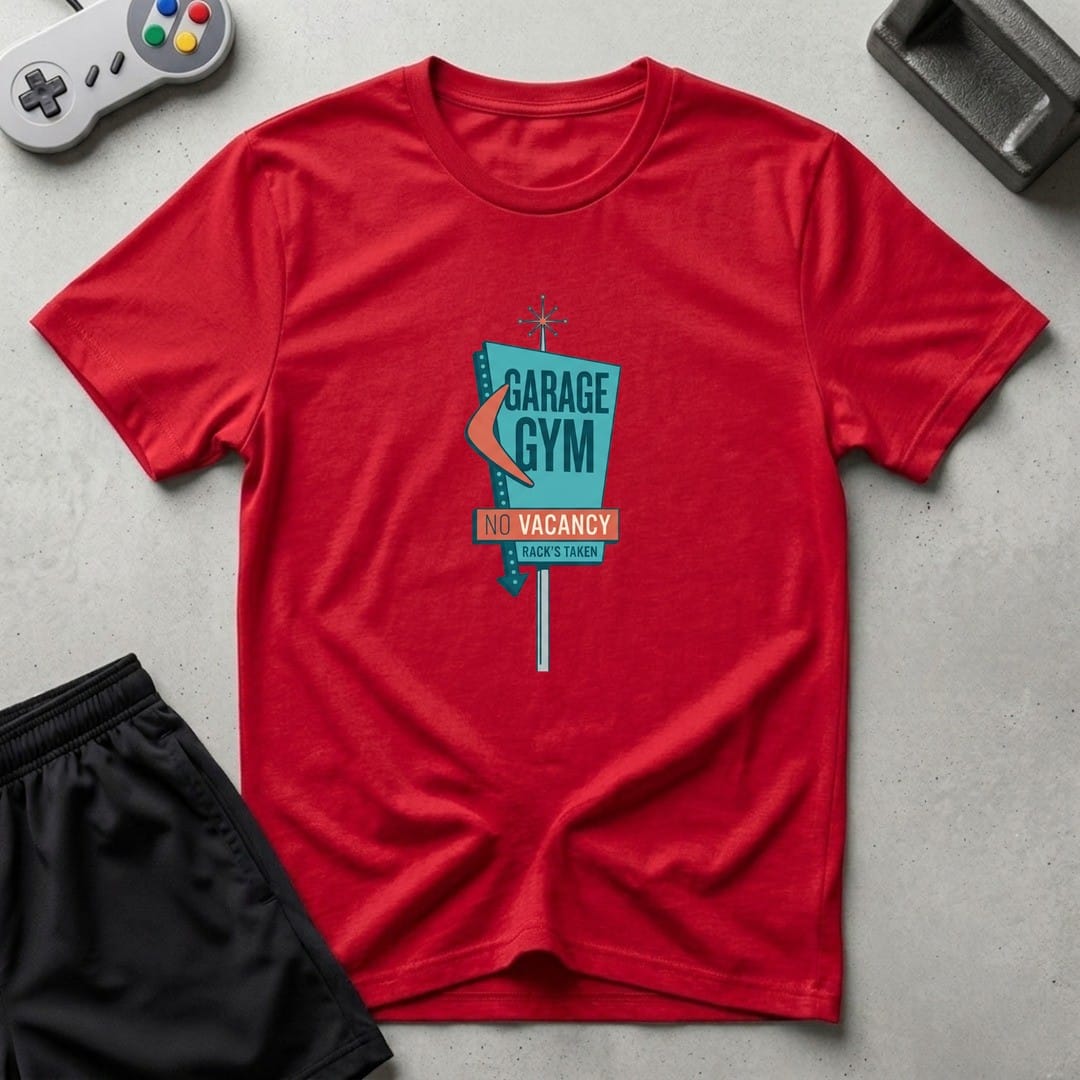 DreamMaker mockup — No Vacancy Gym T-Shirt (red)