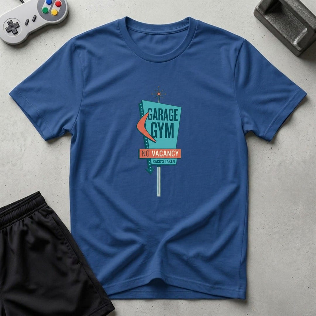 DreamMaker mockup — No Vacancy Gym T-Shirt (royal)