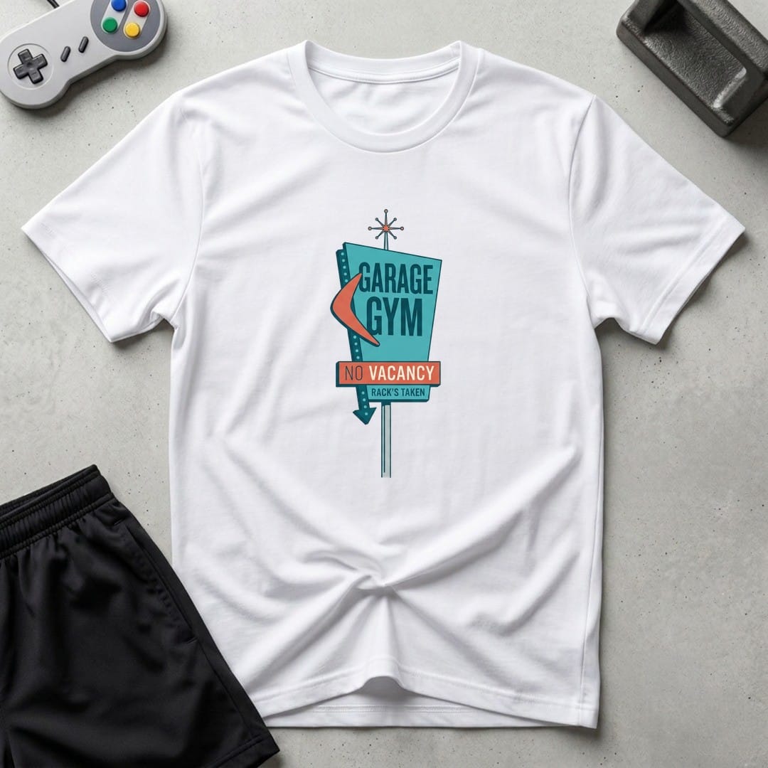 DreamMaker mockup — No Vacancy Gym T-Shirt (white)