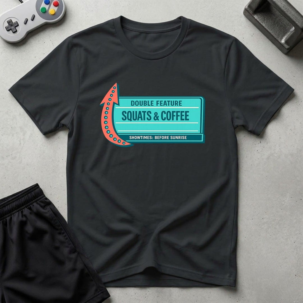 DreamMaker mockup — Now Playing Gym T-Shirt (black)
