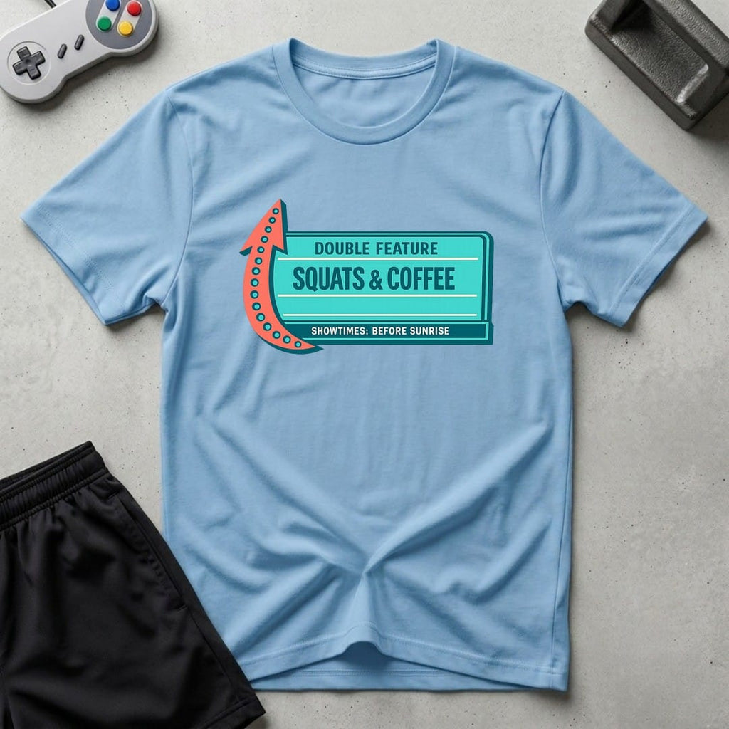 DreamMaker mockup — Now Playing Gym T-Shirt (light-blue)