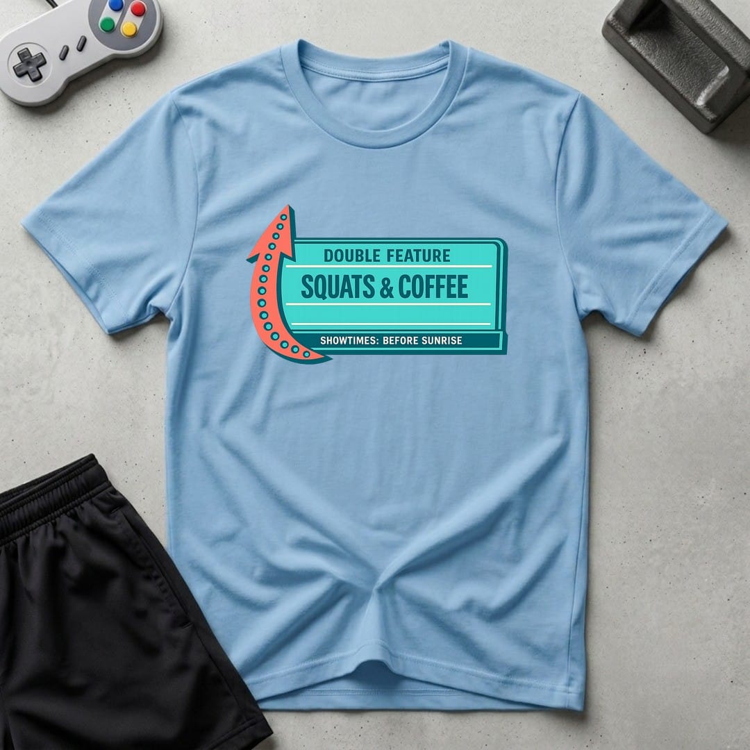 DreamMaker mockup — Now Playing Gym T-Shirt (light-blue)
