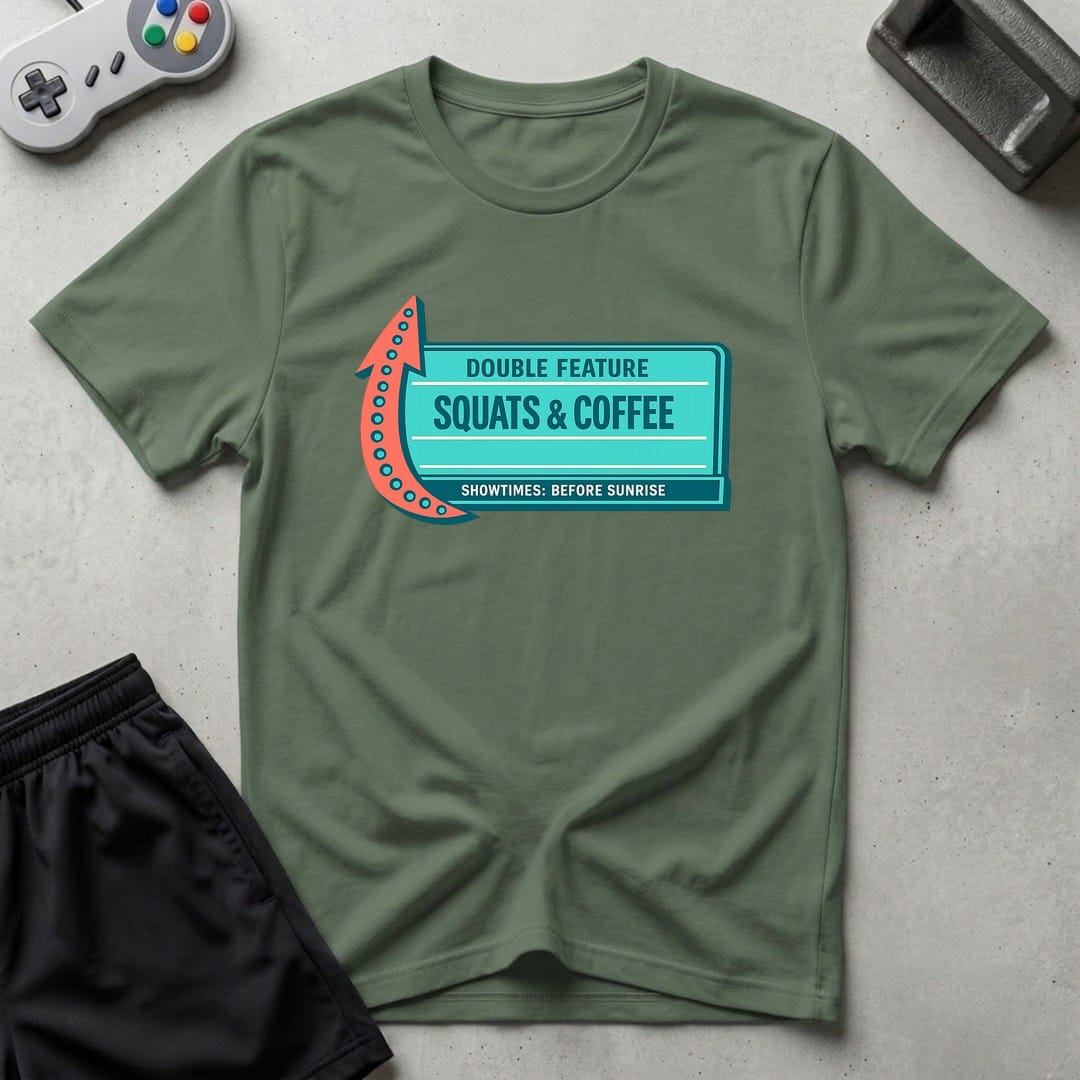 DreamMaker mockup — Now Playing Gym T-Shirt (military-green)
