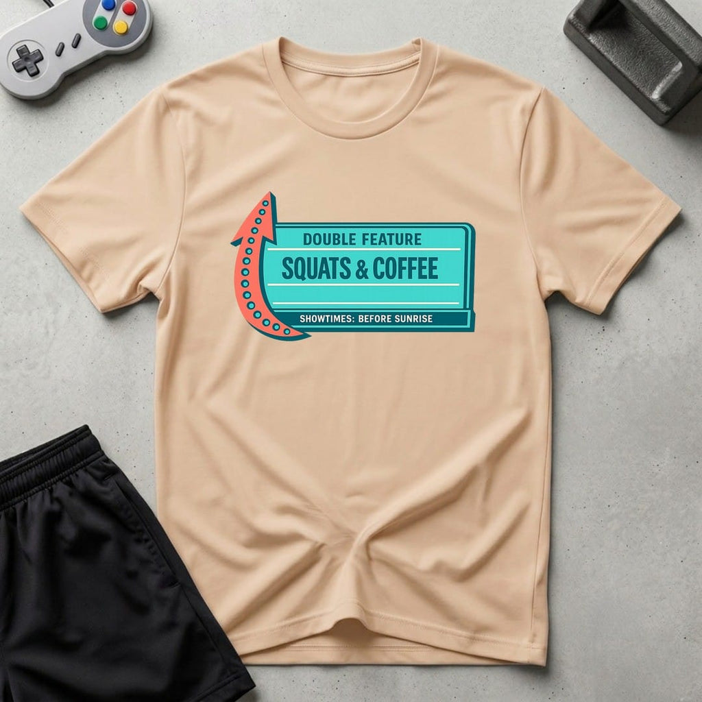 DreamMaker mockup — Now Playing Gym T-Shirt (natural)
