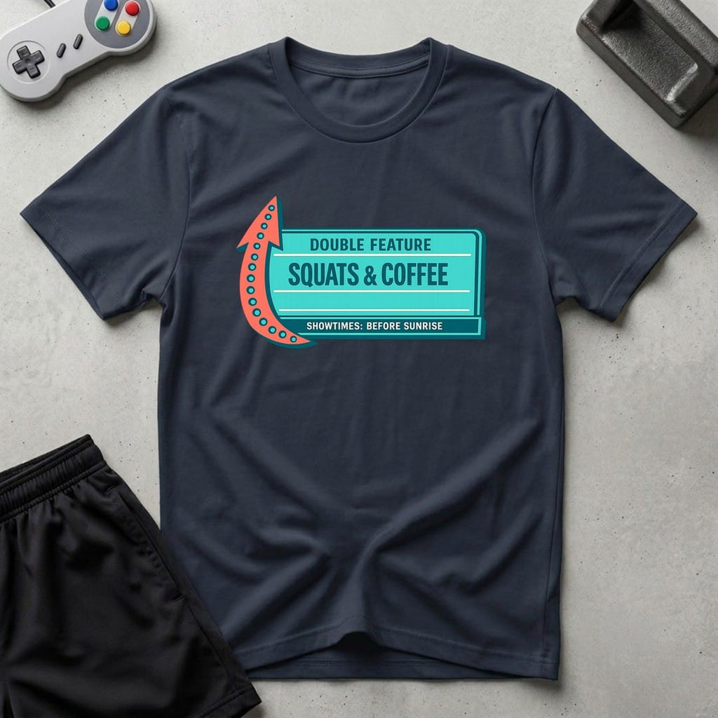 DreamMaker mockup — Now Playing Gym T-Shirt (navy)