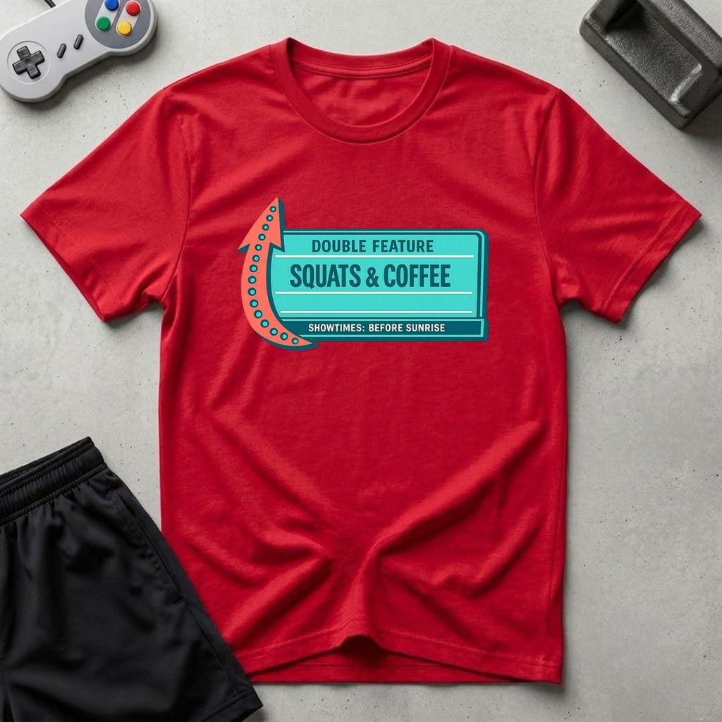 DreamMaker mockup — Now Playing Gym T-Shirt (red)