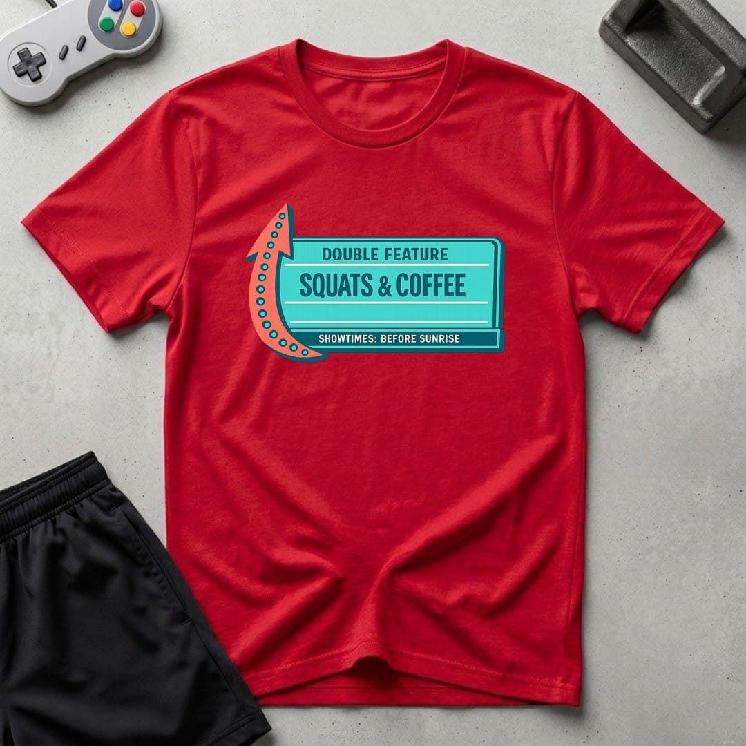 DreamMaker mockup — Now Playing Gym T-Shirt (red)
