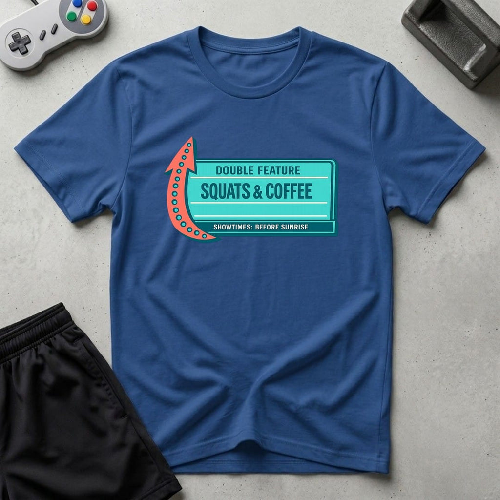 DreamMaker mockup — Now Playing Gym T-Shirt (royal)