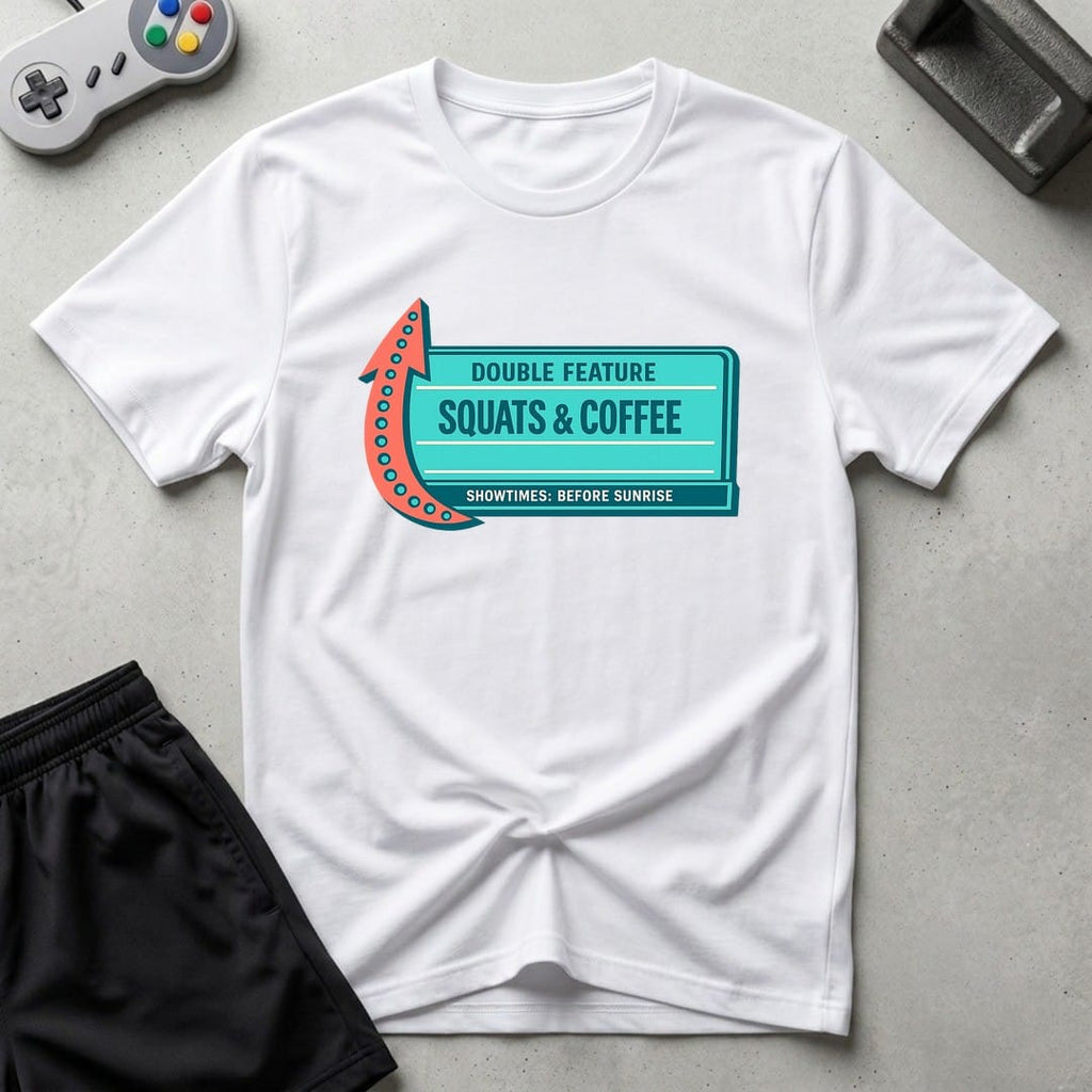 DreamMaker mockup — Now Playing Gym T-Shirt (white)