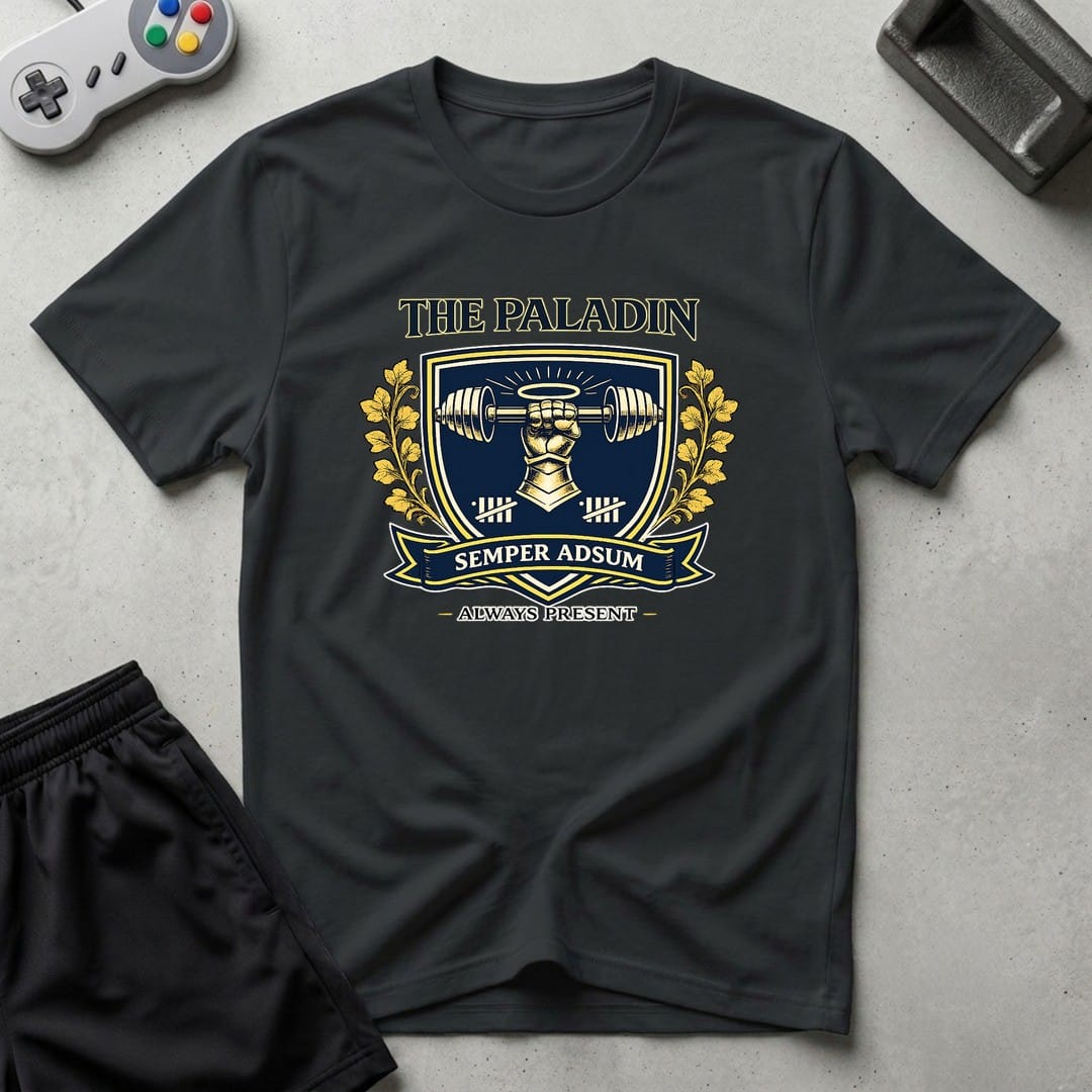 DreamMaker mockup — Paladin Crest T-Shirt (black)