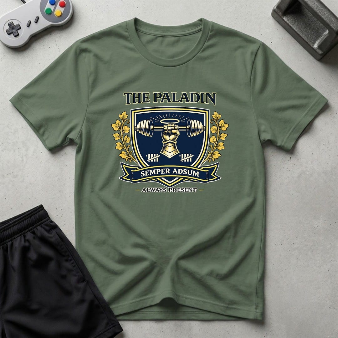 DreamMaker mockup — Paladin Crest T-Shirt (military-green)