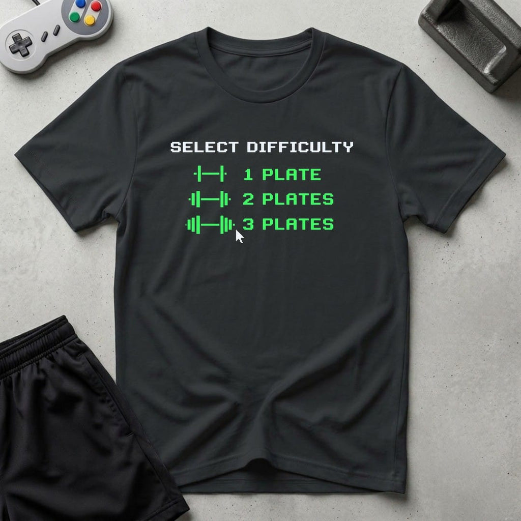DreamMaker mockup — Plate Difficulty Setting T-Shirt (black)
