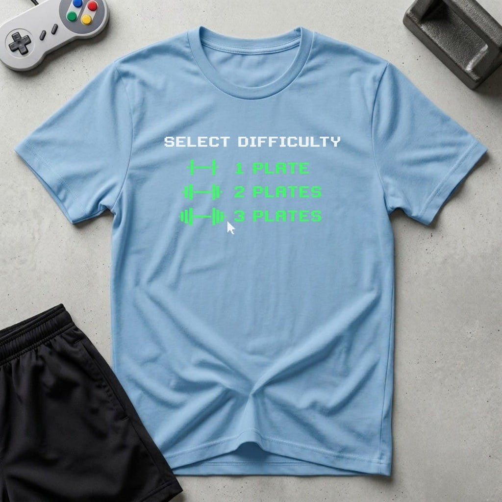 DreamMaker mockup — Plate Difficulty Setting T-Shirt (light-blue)