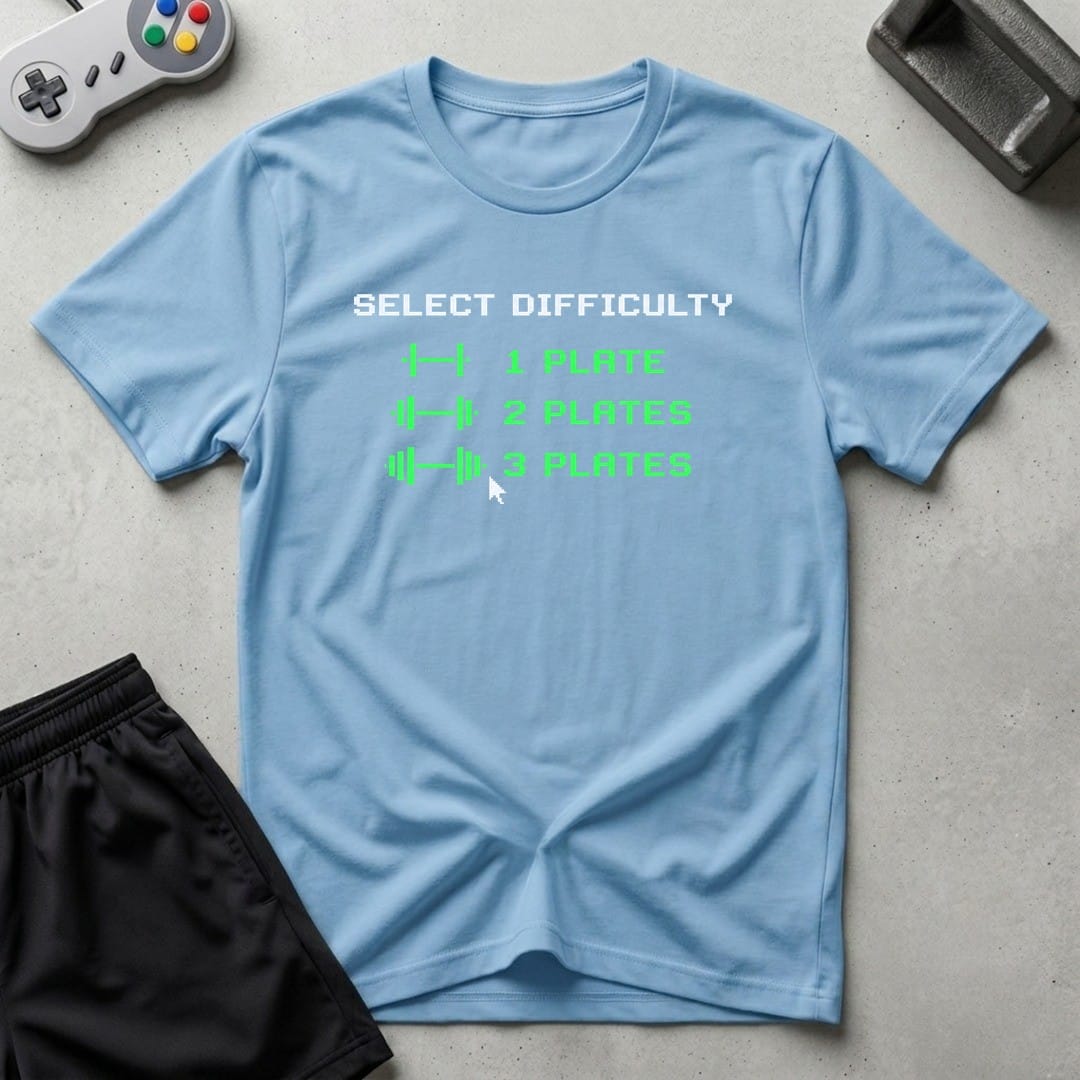 DreamMaker mockup — Plate Difficulty Setting T-Shirt (light-blue)