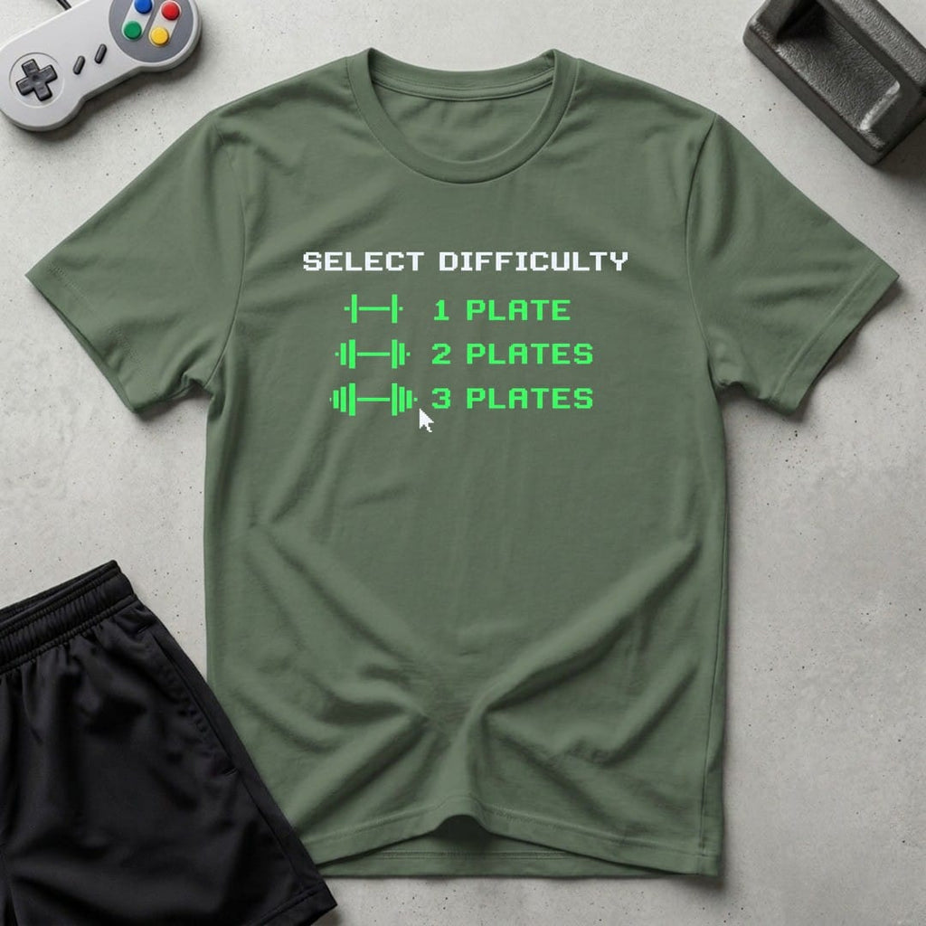 DreamMaker mockup — Plate Difficulty Setting T-Shirt (military-green)