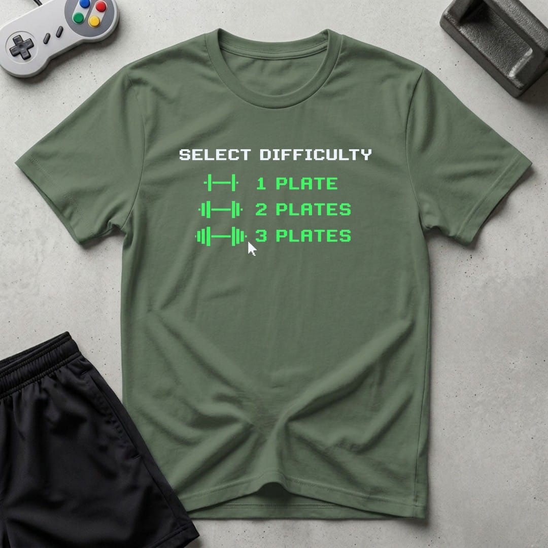 DreamMaker mockup — Plate Difficulty Setting T-Shirt (military-green)