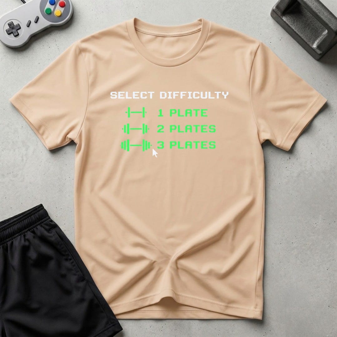 DreamMaker mockup — Plate Difficulty Setting T-Shirt (natural)