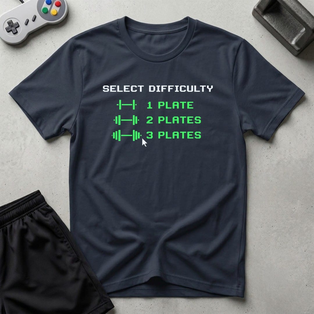 DreamMaker mockup — Plate Difficulty Setting T-Shirt (navy)