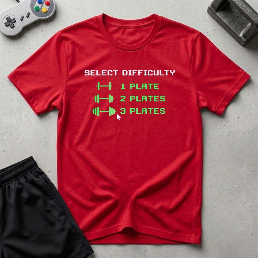 DreamMaker mockup — Plate Difficulty Setting T-Shirt (red)