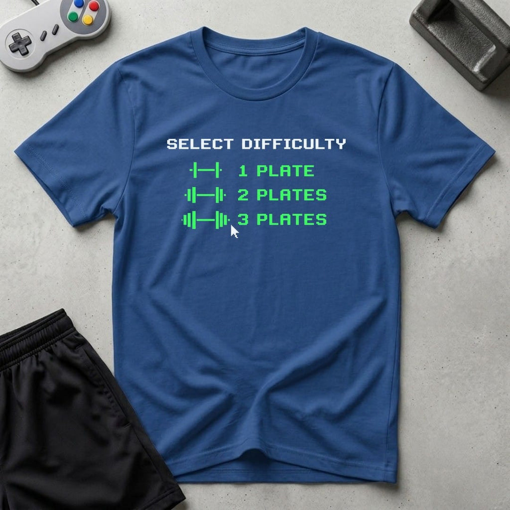 DreamMaker mockup — Plate Difficulty Setting T-Shirt (royal)