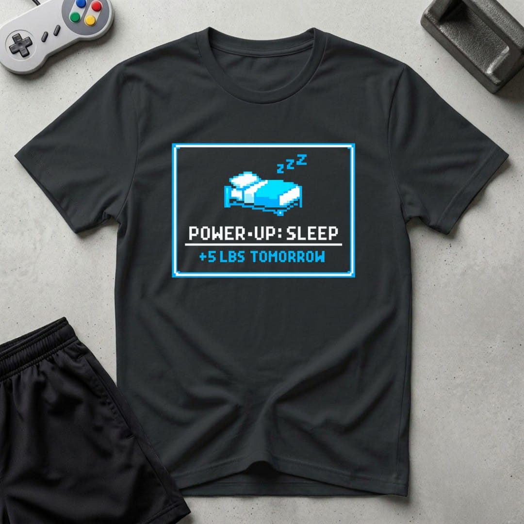 DreamMaker mockup — Power Up Sleep T-Shirt (black)