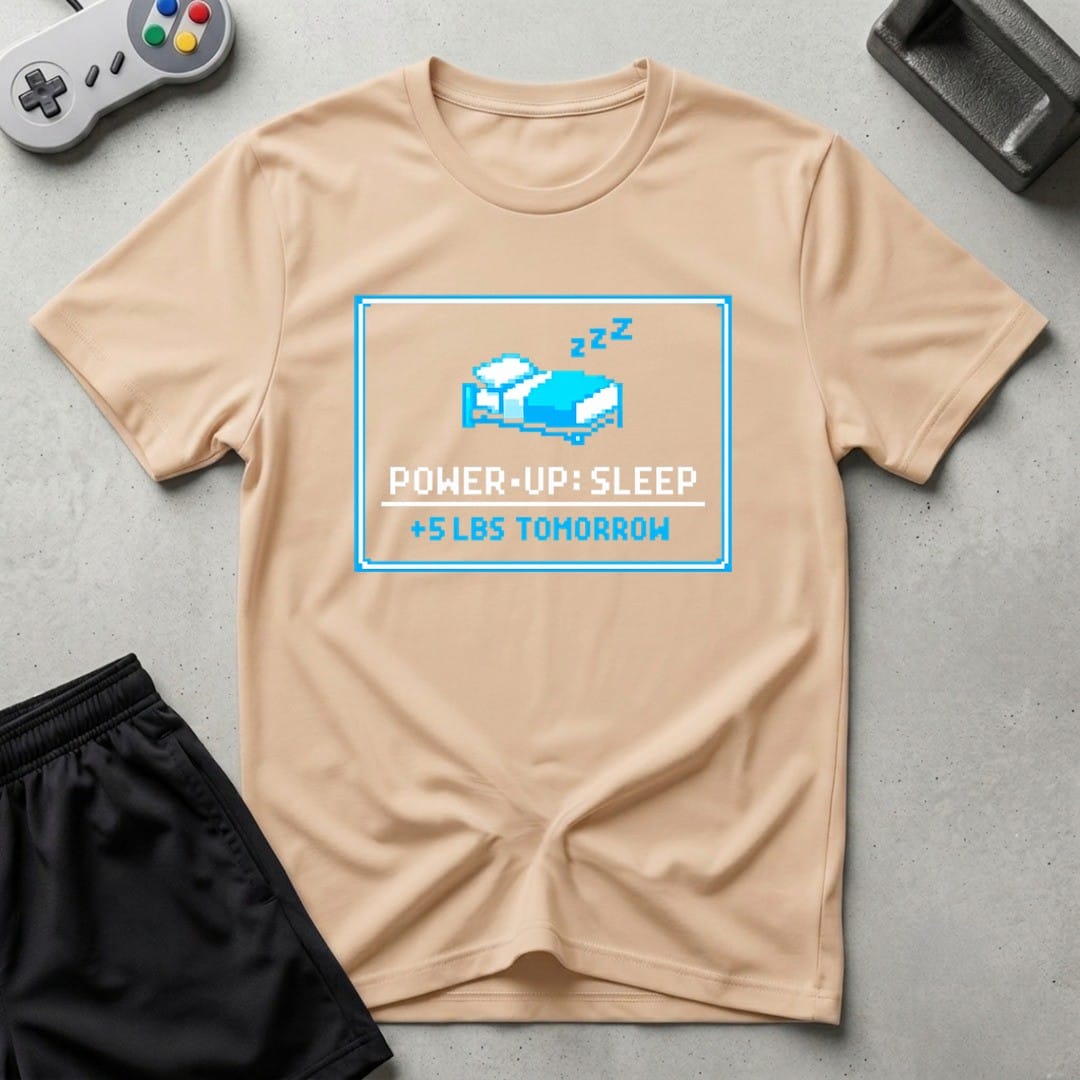 DreamMaker mockup — Power Up Sleep T-Shirt (natural)