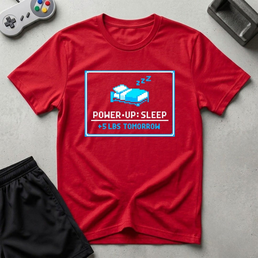 DreamMaker mockup — Power Up Sleep T-Shirt (red)