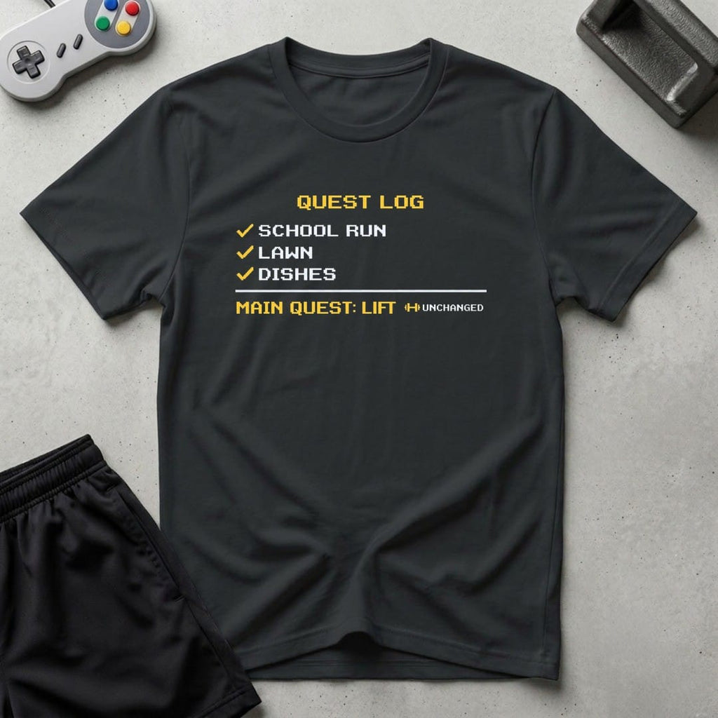 DreamMaker mockup — Quest Log T-Shirt (black)
